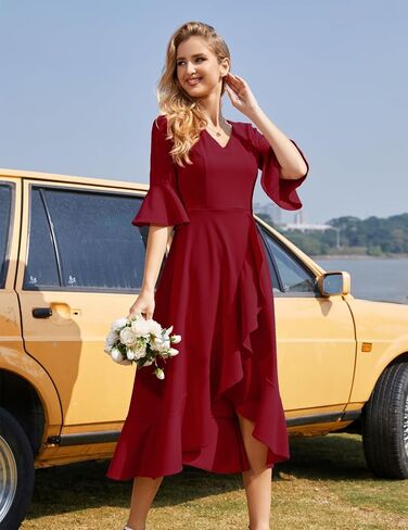 HomRain Women's V Neck Bell Sleeve Formal Dresses for Wedding Guest Ruffle Split Evening Party Cocktail Dress in Saudi Arabia