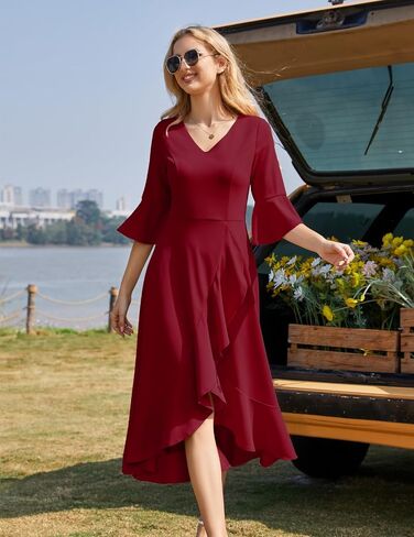 HomRain Women's V Neck Bell Sleeve Formal Dresses for Wedding Guest Ruffle Split Evening Party Cocktail Dress in Saudi Arabia