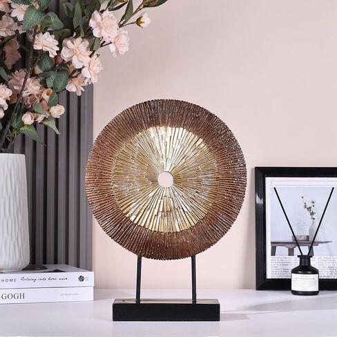 12" Tall Abstract White Gold Round Sculpture - Unique Home Decoration for Above Cupboard Decor, Living Room Coffee Table, Console, Office, Entrance, Table Centerpieces (White Gold) in Saudi Arabia