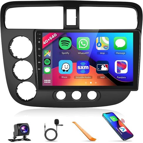 for Honda Civic 2001 2002 2003 2004 2005 Car Stereo Radio with Wireless Apple CarPlay Android Auto 9 inch Android Touch Screen Bluetooth Radio with GPS Navigation WiFi Backup Camera Mic HiFi Audio SWC in Kuwait