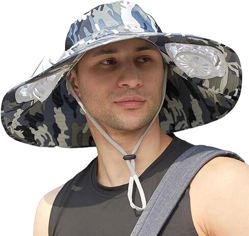 Mens Sun Hat with 2 Fan, Summer Cooling Wide Brim Bucket Hat, Beach Hat Garden Hat, Solar + USB Dual Power Supply in Kuwait