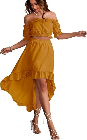 LYANER Women's Two Piece Outfits Off Shoulder Crop Top and High Low Skirt Set Blue Small in Saudi Arabia