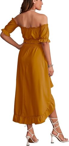 LYANER Women's Two Piece Outfits Off Shoulder Crop Top and High Low Skirt Set Blue Small in Saudi Arabia