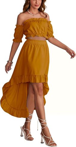 LYANER Women's Two Piece Outfits Off Shoulder Crop Top and High Low Skirt Set Blue Small in Saudi Arabia