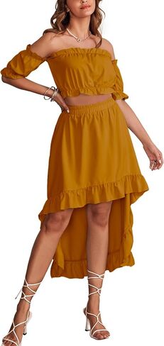 LYANER Women's Two Piece Outfits Off Shoulder Crop Top and High Low Skirt Set Blue Small in Saudi Arabia