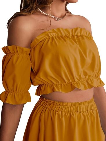 LYANER Women's Two Piece Outfits Off Shoulder Crop Top and High Low Skirt Set Blue Small in Saudi Arabia