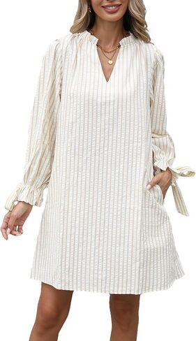 Striped Dress for Women V Neck 3/4 Bow Puff Sleeve Summer A Line Flowy Shirt Dress with Pockets in Saudi Arabia