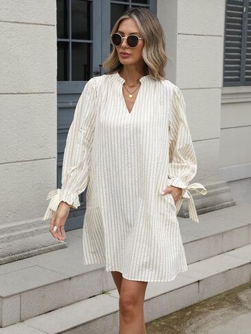 Striped Dress for Women V Neck 3/4 Bow Puff Sleeve Summer A Line Flowy Shirt Dress with Pockets in Saudi Arabia