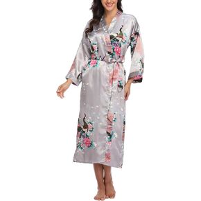Womens Silky Kimono Long Robes with Peacock and Blossoms Pure Color Satin Robe for Women Wedding Party Nightgown in Kuwait