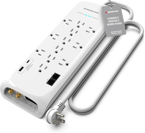 شريط طاقة أسود بطول 6 أقدام وواقي من ارتفاع البرج، حماية شديدة التحمل مع تصنيف 4050 جول، 12 منفذ 120 فولت، 1 USB-A، و1 منفذ USB-C - مثالي لأجهزة الكمبيوتر والمسرح المنزلي والأجهزة المنزلية in Kuwait