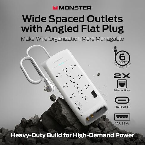 شريط طاقة أسود بطول 6 أقدام وواقي من ارتفاع البرج، حماية شديدة التحمل مع تصنيف 4050 جول، 12 منفذ 120 فولت، 1 USB-A، و1 منفذ USB-C - مثالي لأجهزة الكمبيوتر والمسرح المنزلي والأجهزة المنزلية in Kuwait