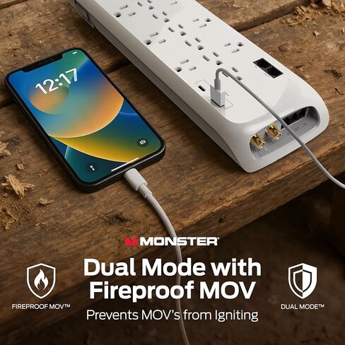 شريط طاقة أسود بطول 6 أقدام وواقي من ارتفاع البرج، حماية شديدة التحمل مع تصنيف 4050 جول، 12 منفذ 120 فولت، 1 USB-A، و1 منفذ USB-C - مثالي لأجهزة الكمبيوتر والمسرح المنزلي والأجهزة المنزلية in Kuwait