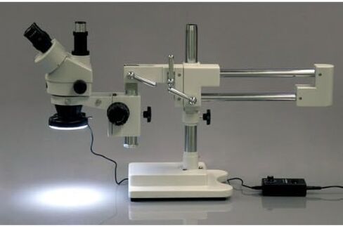 AmScope SM-4TZ-144 مجهر تكبير ستيريو ثلاثي العينيات احترافي، عدسات WH10x، تكبير 3.5X-90X، هدف تكبير 0.7X-4.5X، ضوء حلقة LED 144 لمبة، حامل ذراع مزدوج، 110 فولت-240 فولت، يتضمن 0.5X و عدسة بارلو 2.0X in Saudi Arabia