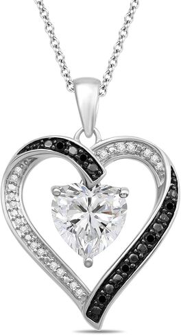 Jewelili Sterling Silver Pendant Necklace with 8mm Heart Created Ruby and Treated Black & Natural White Round Diamonds, 1/10 cttw, 18" Rolo Chain in Saudi Arabia