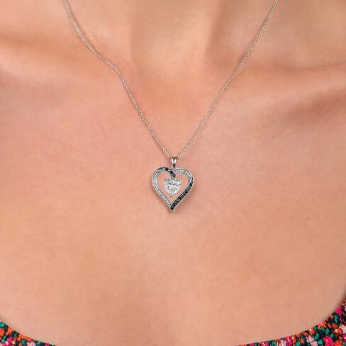 Jewelili Sterling Silver Pendant Necklace with 8mm Heart Created Ruby and Treated Black & Natural White Round Diamonds, 1/10 cttw, 18" Rolo Chain in Saudi Arabia