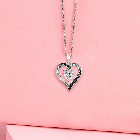 Jewelili Sterling Silver Pendant Necklace with 8mm Heart Created Ruby and Treated Black & Natural White Round Diamonds, 1/10 cttw, 18" Rolo Chain in Saudi Arabia