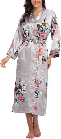 Womens Silky Kimono Long Robes with Peacock and Blossoms Pure Color Satin Robe for Women Wedding Party Nightgown in Kuwait