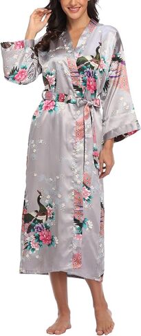 Womens Silky Kimono Long Robes with Peacock and Blossoms Pure Color Satin Robe for Women Wedding Party Nightgown in Kuwait