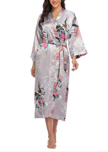 Womens Silky Kimono Long Robes with Peacock and Blossoms Pure Color Satin Robe for Women Wedding Party Nightgown in Kuwait