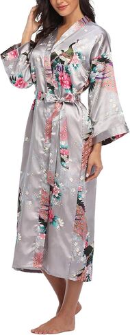 Womens Silky Kimono Long Robes with Peacock and Blossoms Pure Color Satin Robe for Women Wedding Party Nightgown in Kuwait
