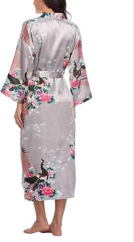 Womens Silky Kimono Long Robes with Peacock and Blossoms Pure Color Satin Robe for Women Wedding Party Nightgown in Kuwait