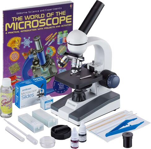 AmScope M150C-50WM-50P100S Compound Monocular Microscope, WF10x and WF25x Eyepieces, 40x-1000x Magnification, LED Illumination, Brightfield, Single-Lens Condenser, Coaxial Coarse and Fine Focus, Plain Stage, 110V, Includes Set of 50 Prepared Slides, 50 Bl in Kuwait