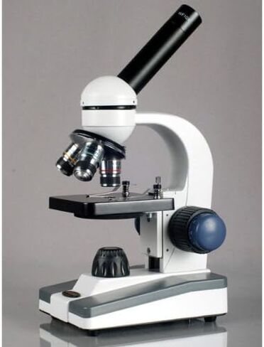 AmScope M150C-50WM-50P100S Compound Monocular Microscope, WF10x and WF25x Eyepieces, 40x-1000x Magnification, LED Illumination, Brightfield, Single-Lens Condenser, Coaxial Coarse and Fine Focus, Plain Stage, 110V, Includes Set of 50 Prepared Slides, 50 Bl in Kuwait