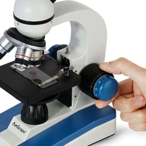 مجهر أحادي مركب AmScope M150C-50WM-50P100S، عدسات WF10x وWF25x، تكبير 40x-1000x، إضاءة LED، برايتفيلد، مكثف أحادي العدسة، تركيز محوري خشن ودقيق، مرحلة عادية، 110 فولت، تتضمن مجموعة من 50 شريحة مُجهزة، 50 بلورة in Kuwait