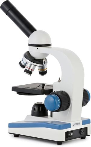 مجهر أحادي مركب AmScope M150C-50WM-50P100S، عدسات WF10x وWF25x، تكبير 40x-1000x، إضاءة LED، برايتفيلد، مكثف أحادي العدسة، تركيز محوري خشن ودقيق، مرحلة عادية، 110 فولت، تتضمن مجموعة من 50 شريحة مُجهزة، 50 بلورة in Kuwait