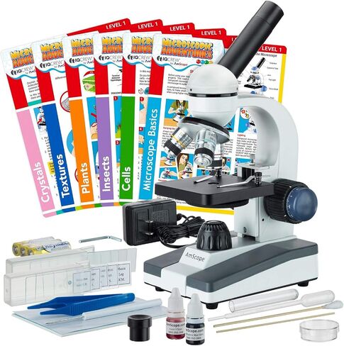 مجهر أحادي مركب AmScope M150C-50WM-50P100S، عدسات WF10x وWF25x، تكبير 40x-1000x، إضاءة LED، برايتفيلد، مكثف أحادي العدسة، تركيز محوري خشن ودقيق، مرحلة عادية، 110 فولت، تتضمن مجموعة من 50 شريحة مُجهزة، 50 بلورة in Kuwait