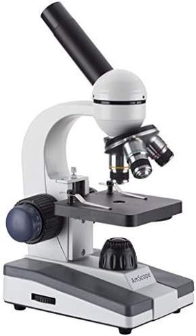 مجهر أحادي مركب AmScope M150C-50WM-50P100S، عدسات WF10x وWF25x، تكبير 40x-1000x، إضاءة LED، برايتفيلد، مكثف أحادي العدسة، تركيز محوري خشن ودقيق، مرحلة عادية، 110 فولت، تتضمن مجموعة من 50 شريحة مُجهزة، 50 بلورة in Kuwait