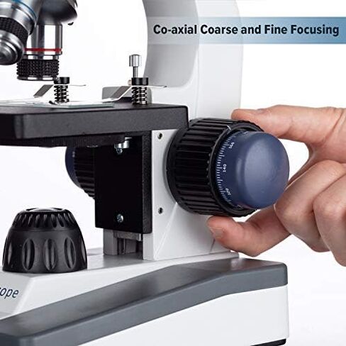 مجهر أحادي مركب AmScope M150C-50WM-50P100S، عدسات WF10x وWF25x، تكبير 40x-1000x، إضاءة LED، برايتفيلد، مكثف أحادي العدسة، تركيز محوري خشن ودقيق، مرحلة عادية، 110 فولت، تتضمن مجموعة من 50 شريحة مُجهزة، 50 بلورة in Kuwait