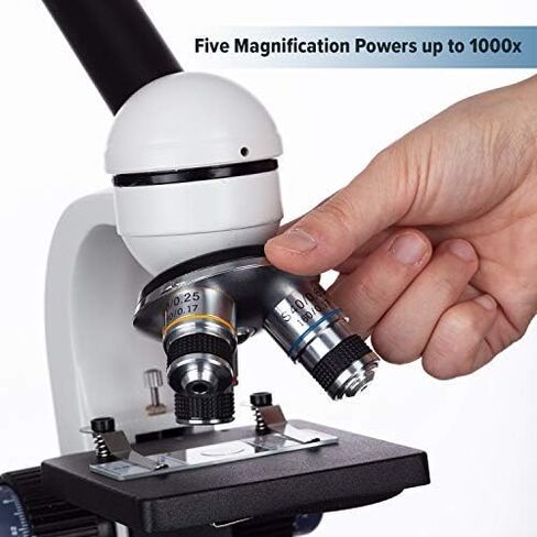 مجهر أحادي مركب AmScope M150C-50WM-50P100S، عدسات WF10x وWF25x، تكبير 40x-1000x، إضاءة LED، برايتفيلد، مكثف أحادي العدسة، تركيز محوري خشن ودقيق، مرحلة عادية، 110 فولت، تتضمن مجموعة من 50 شريحة مُجهزة، 50 بلورة in Kuwait