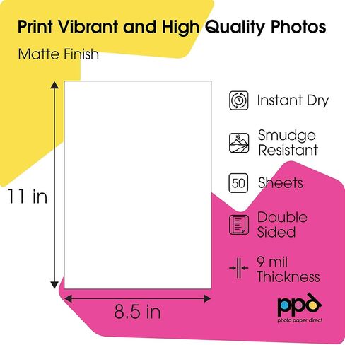 PPD 50 Sheets Inkjet Glossy Double Sided Photo Paper 8.5x11" 49lbs. 180gsm 9.9mil - Instant Dry and Water-Resistant (PPD044-50) in Kuwait