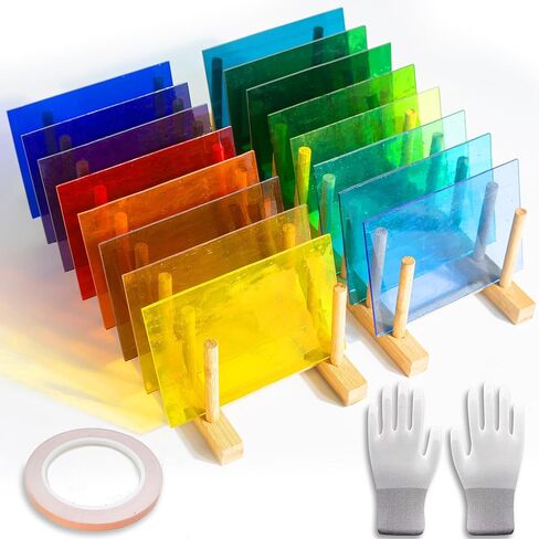 طقم صفائح من الزجاج الملون 16 قطعة مقاس 4x6 بوصة، زجاج فني للكاتدرائية، زجاج فسيفساء، لوازم صفائح زجاجية ملونة زاهية مع شريط رقائق نحاسي (7/32 بوصة) وقفازات لمحبي الزجاج DIY (شفاف) in Kuwait