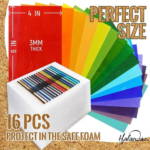 طقم صفائح من الزجاج الملون 16 قطعة مقاس 4x6 بوصة، زجاج فني كاتدرائية، زجاج فسيفساء، لوازم صفائح زجاجية قزحية الألوان زاهية مع شريط رقائق نحاس وقفازات لمحبي الزجاج (غير شفاف) (7/32 بوصة) in Kuwait