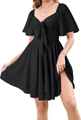 Vrtige Women's Bow tie V Neck Ruffle Short Sleeve Flowy Tiered A Line Mini Dress in Saudi Arabia