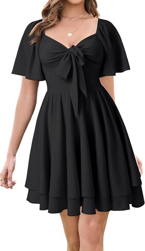 Vrtige Women's Bow tie V Neck Ruffle Short Sleeve Flowy Tiered A Line Mini Dress in Saudi Arabia