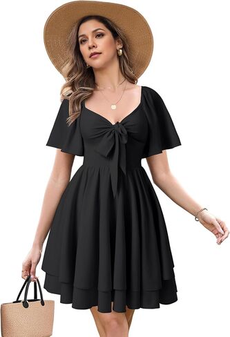 Vrtige Women's Bow tie V Neck Ruffle Short Sleeve Flowy Tiered A Line Mini Dress in Saudi Arabia