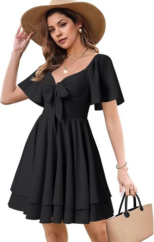 Vrtige Women's Bow tie V Neck Ruffle Short Sleeve Flowy Tiered A Line Mini Dress in Saudi Arabia