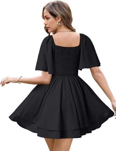 Vrtige Women's Bow tie V Neck Ruffle Short Sleeve Flowy Tiered A Line Mini Dress in Saudi Arabia