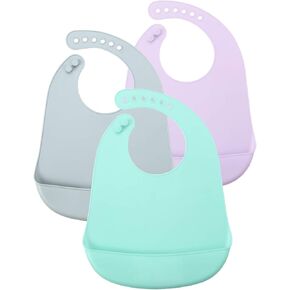PandaEar 3 Pack Waterproof Silicone Baby Bibs| Super Thin Light Weight for Babies & Toddlers| Adjustable Soft Silicone Feeding Bibs with Food Catcher Pocket, Unisex, Non Messy in Saudi Arabia