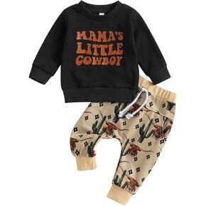 SAYOO Western Baby Boy Clothing البقرة طباعة البلوز البلوز أعلى الركض السراويل 2PCS طفل رضيع كاوبوي الخريف الشتاء ملابس (كاكي # E، 18-24 شهرًا) in Kuwait