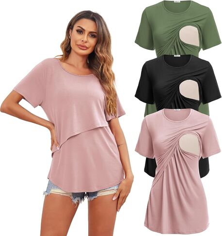 Ekouaer Women's Maternity Shirts Short Sleeves Nursing Tops 3 Pack Double Laye Breastfeeding Tees Pregnancy Clothes S-XXL in Saudi Arabia