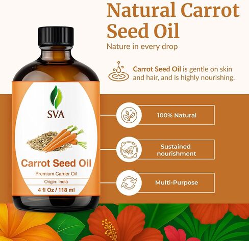 SVA Organics Carrot Seed Carrier Oil with Dropper- 118 ml (4 fl. oz.) 100% Pure, Natural, Cold Pressed and Therapeutic Grade for Moisturized Skin, Shiny Hair, Aromatherapy & Massage in Saudi Arabia