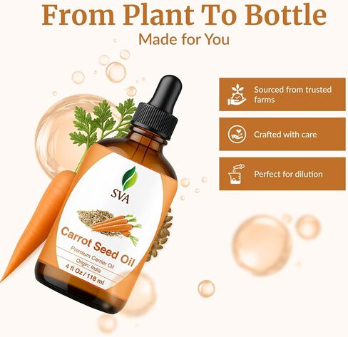 SVA Organics Carrot Seed Carrier Oil with Dropper- 118 ml (4 fl. oz.) 100% Pure, Natural, Cold Pressed and Therapeutic Grade for Moisturized Skin, Shiny Hair, Aromatherapy & Massage in Saudi Arabia