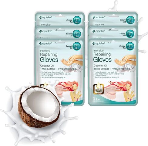 Epielle Intensive Repairing Hand Masks (Gloves-6pk) for Dry Hands Spa Masks Hand cream & lotion | Coconut Oil + Milk Extract + Hyaluronic Acid, Mothers Day Gifts in Kuwait