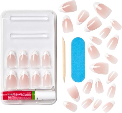 KISS Classy French Nail Manicure Kit with Gel Finish, Medium, Coffin Shaped, Includes Pink Nail Glue (Net Wt. 2 g / 0.07oz.), Mini Nail File, Manicure Stick, and 28 Fake Nails, 'Cozy Meets Cute', 28 Count in Saudi Arabia