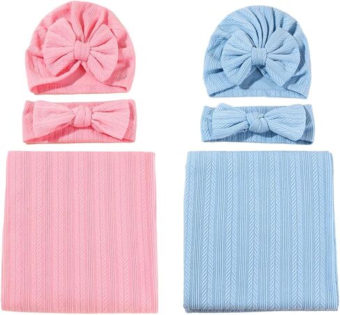 QandSweet Newborn Receiving Blanket Headband Hat Set Baby Swaddle swaddling Blanket (Pink Beige) in Saudi Arabia