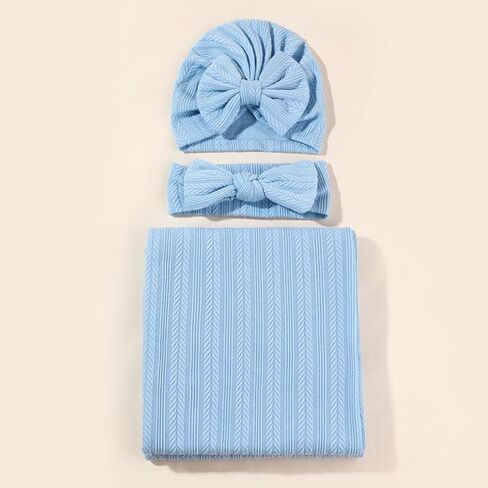 QandSweet Newborn Receiving Blanket Headband Hat Set Baby Swaddle swaddling Blanket (Pink Beige) in Saudi Arabia